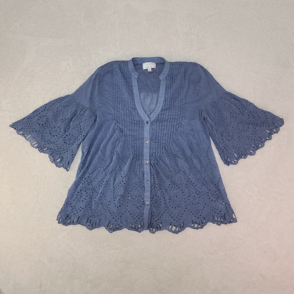 Johnny Was Blue Silk Eyelet Lace Blouse XS Cottagecore Fairycore Boho Pintuck